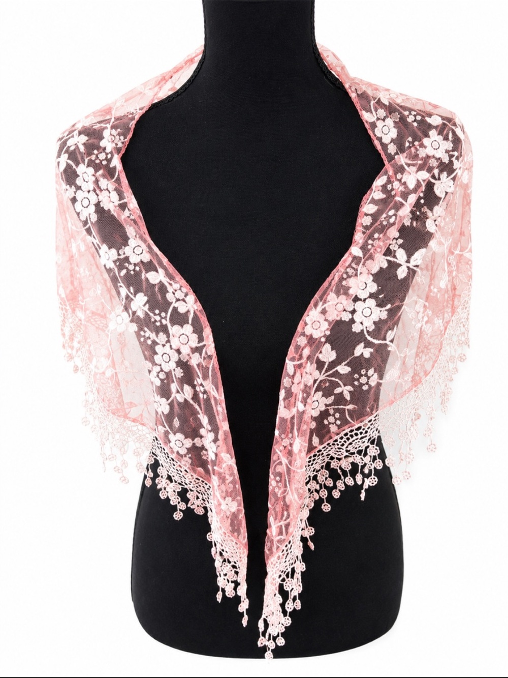 Pink Velvet Burnout Floral Lace Fringe Scarf Shawl Wrap Boho Romantic